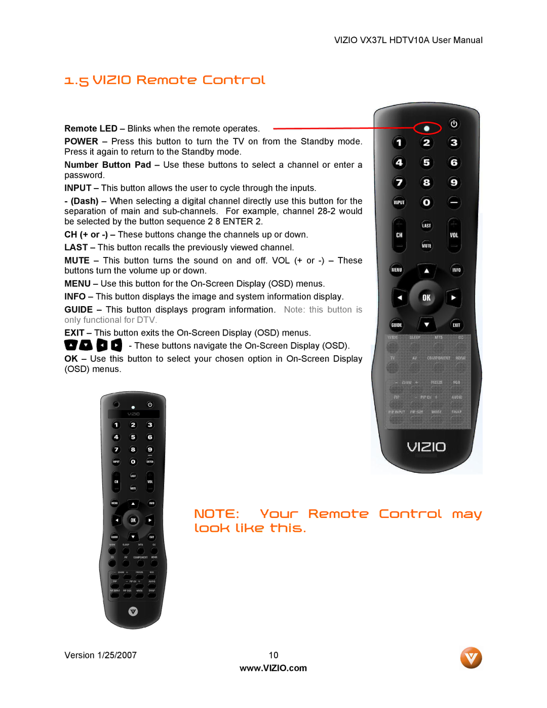 Vizio HDTV10A user manual Vizio Remote Control 