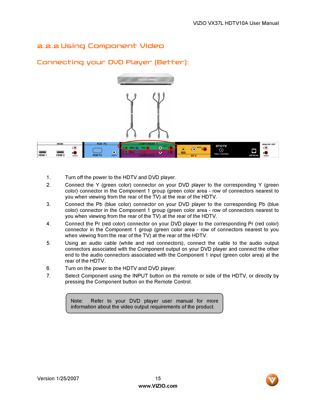 Vizio HDTV10A user manual Using Component Video, Connecting your DVD Player Better 