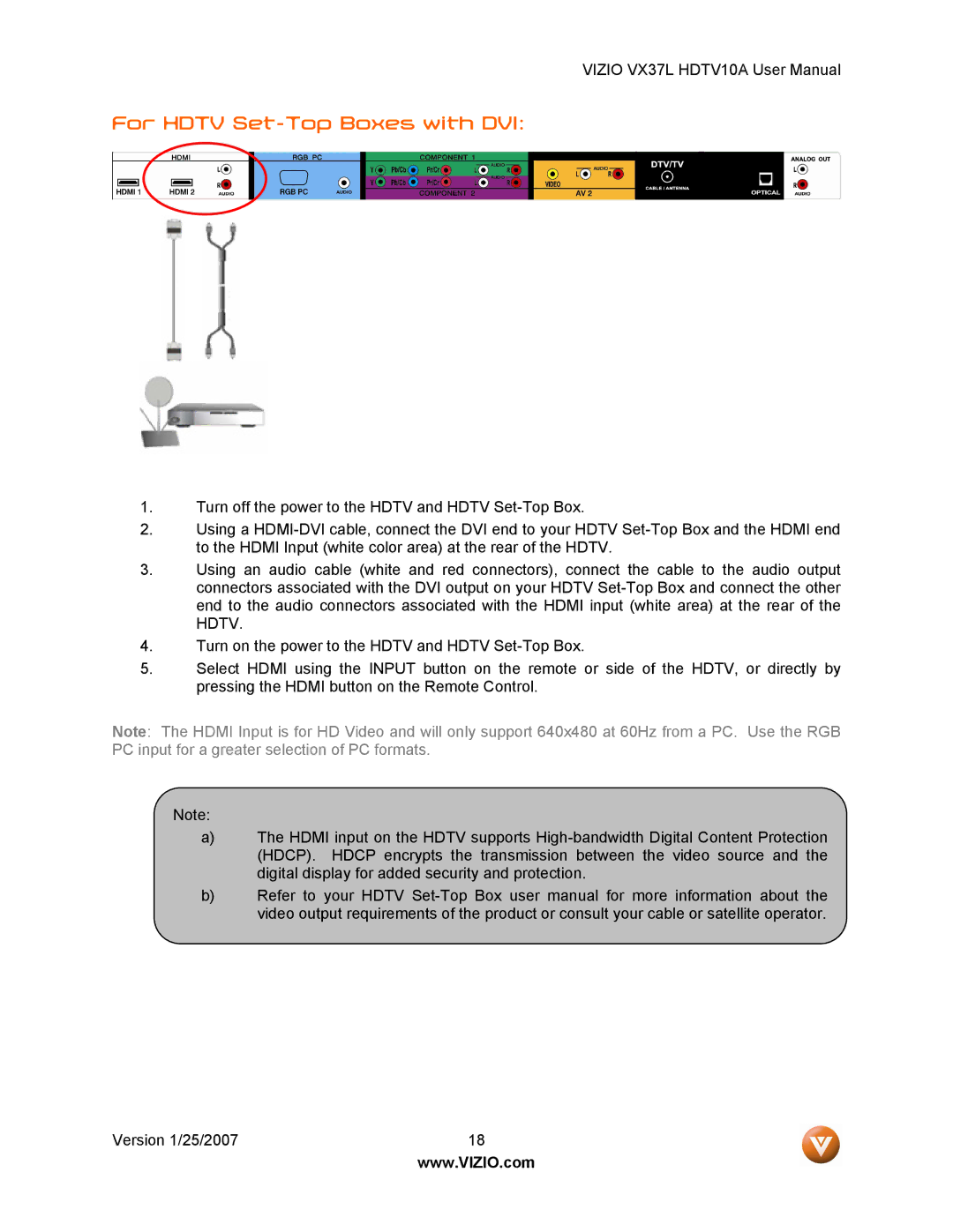 Vizio HDTV10A user manual For Hdtv Set-Top Boxes with DVI 