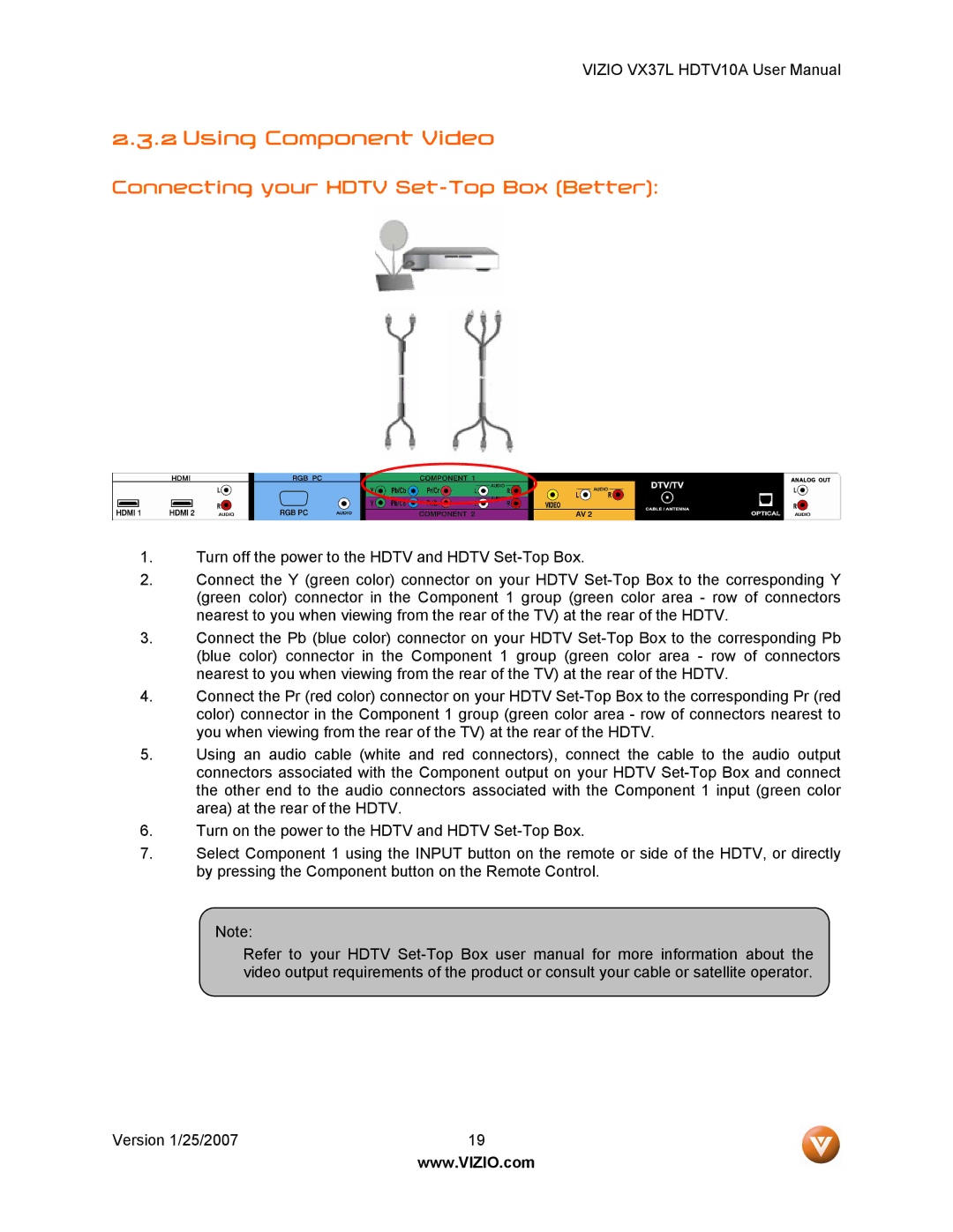 Vizio HDTV10A user manual Using Component Video, Connecting your Hdtv Set-Top Box Better 