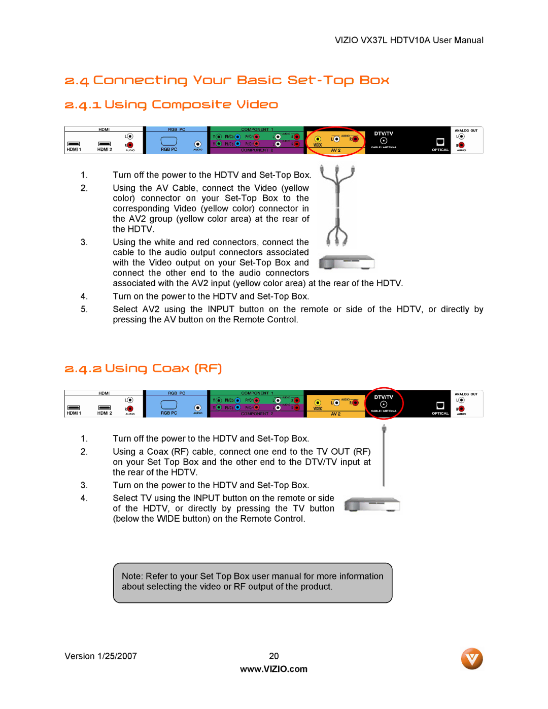 Vizio HDTV10A user manual Connecting Your Basic Set-Top Box, Using Composite Video, Using Coax RF 