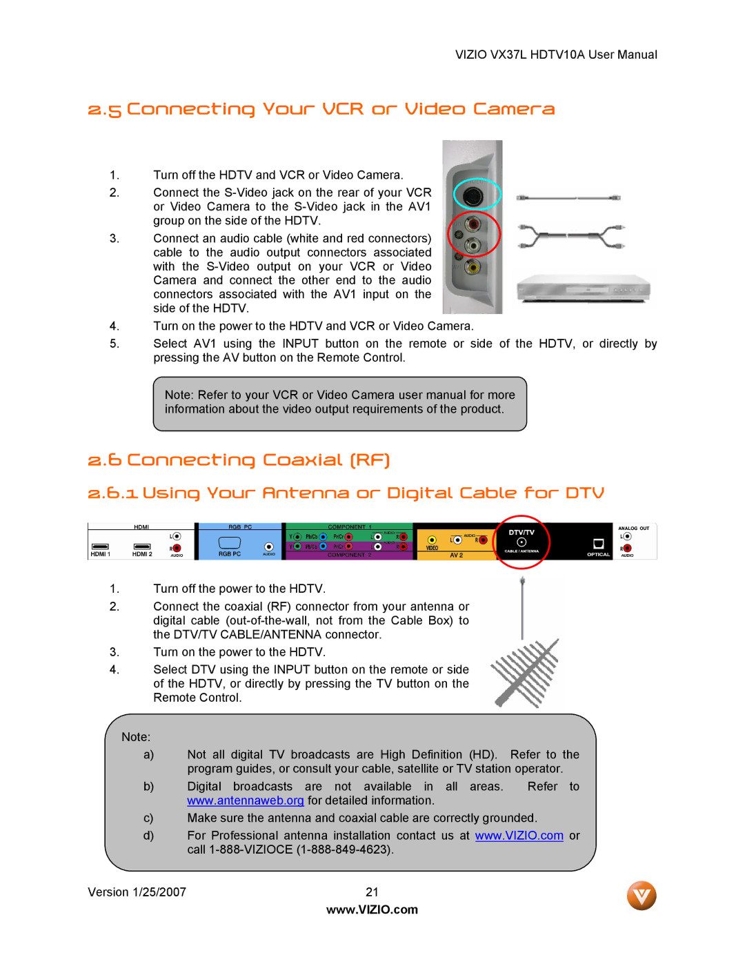 Vizio HDTV10A Connecting Your VCR or Video Camera, Connecting Coaxial RF, Using Your Antenna or Digital Cable for DTV 