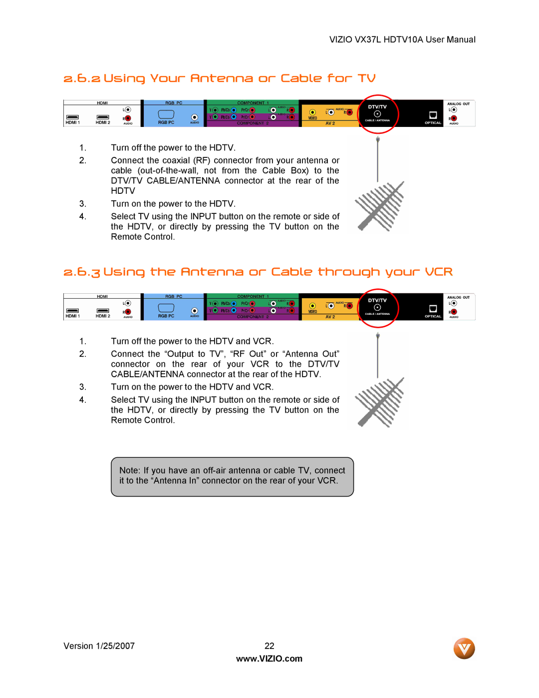 Vizio HDTV10A user manual Using Your Antenna or Cable for TV, Using the Antenna or Cable through your VCR 