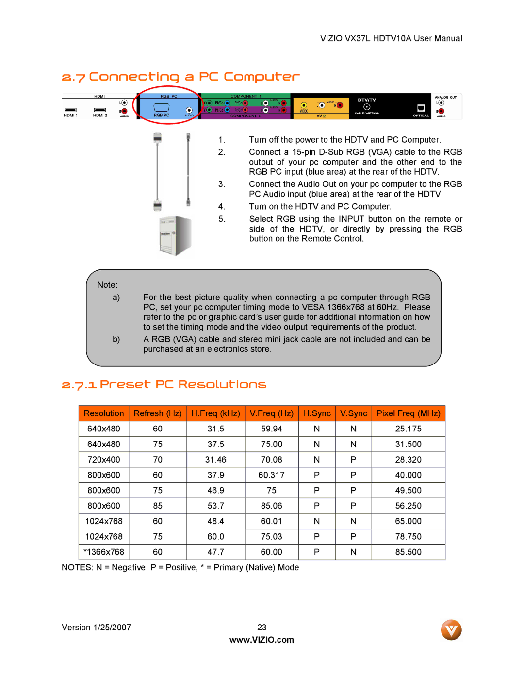 Vizio HDTV10A user manual Connecting a PC Computer, Preset PC Resolutions 