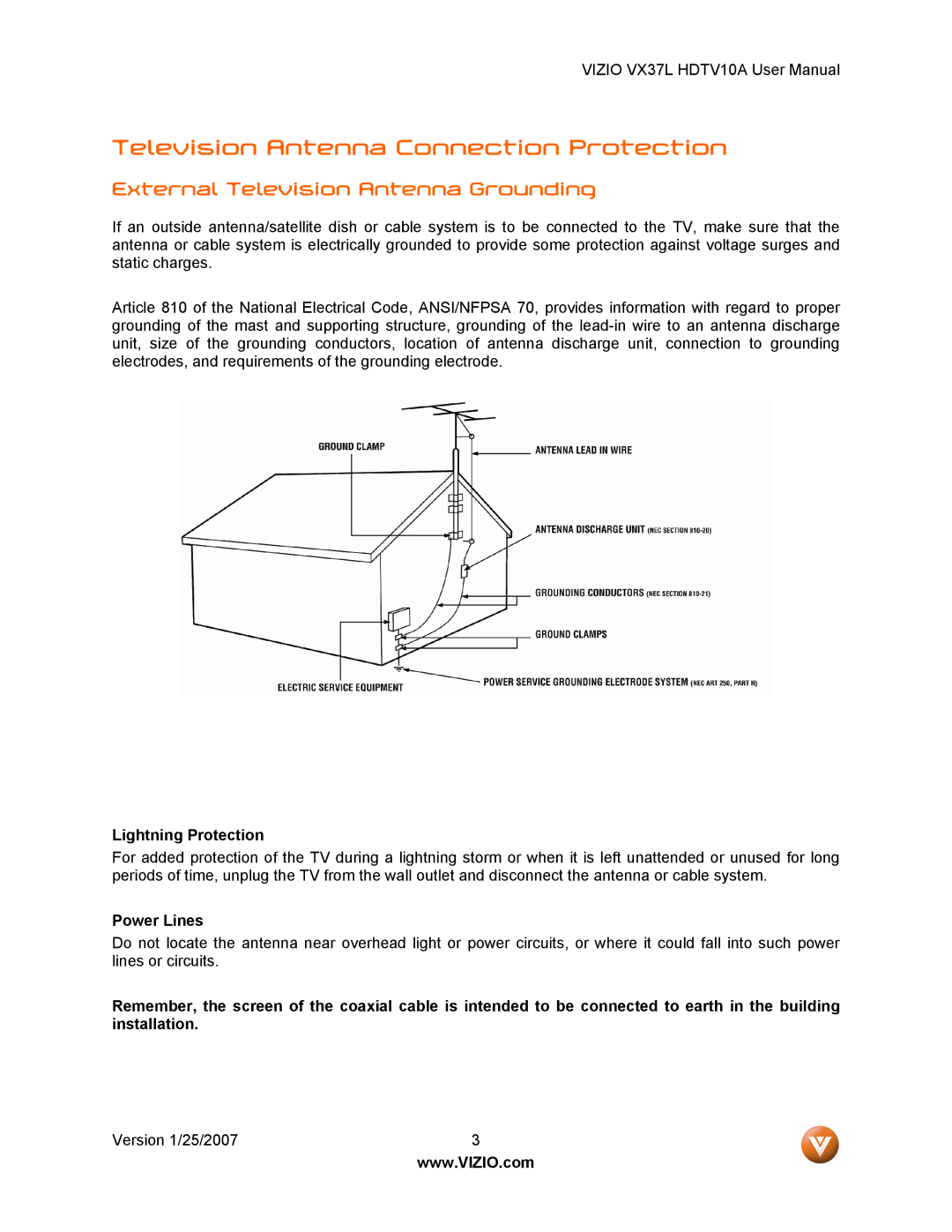 Vizio HDTV10A user manual Television Antenna Connection Protection, External Television Antenna Grounding 