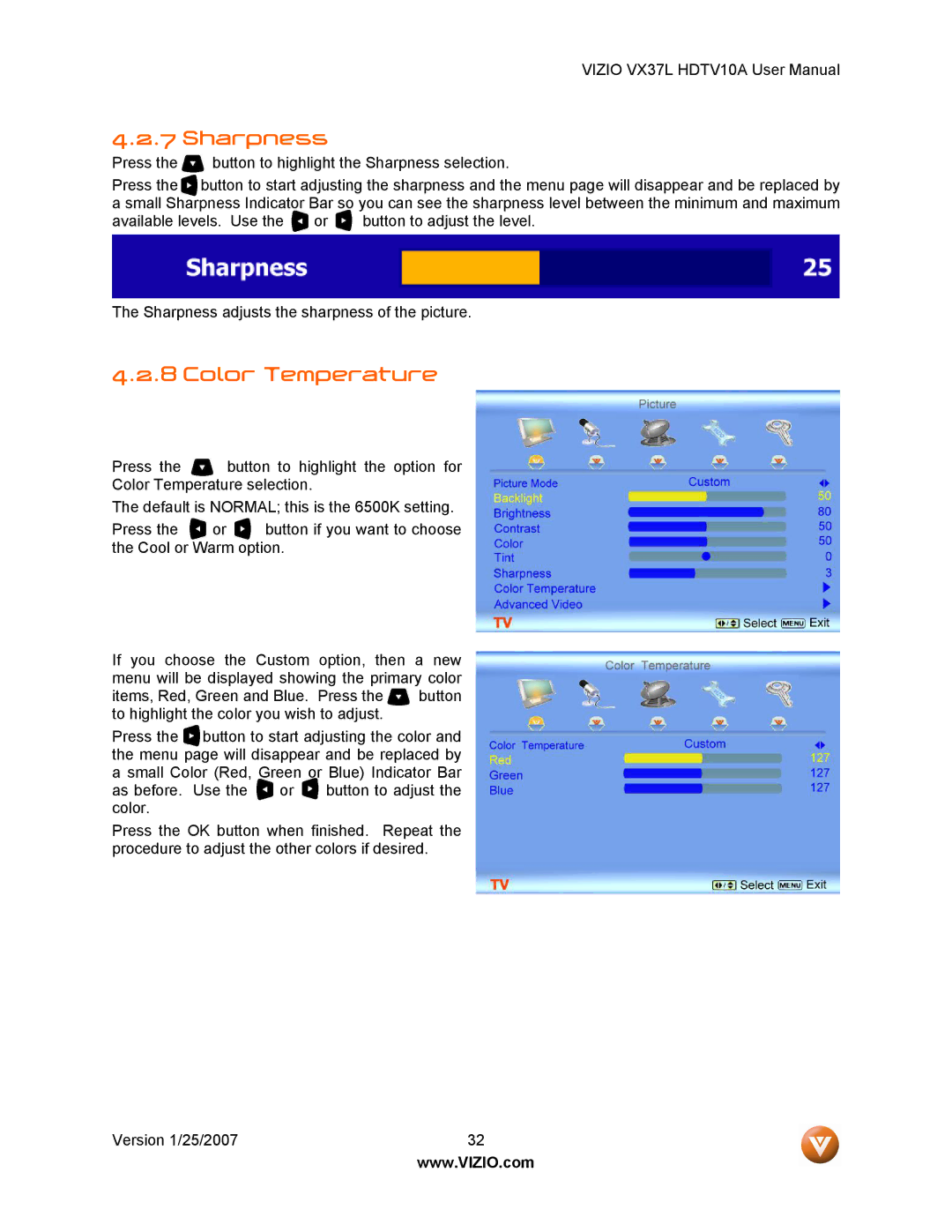 Vizio HDTV10A user manual Sharpness, Color Temperature 