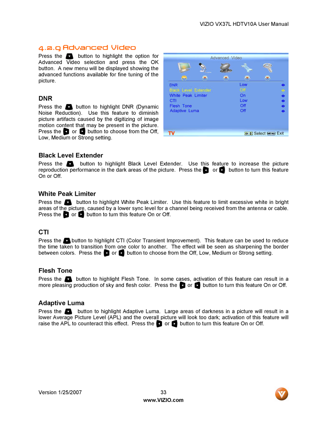 Vizio HDTV10A user manual Advanced Video, Dnr 