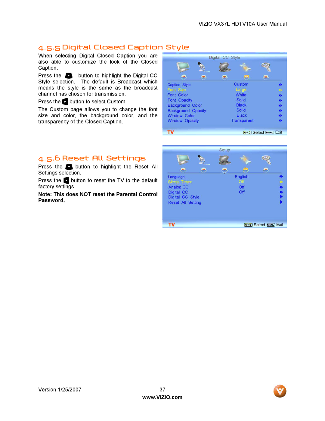 Vizio HDTV10A user manual Digital Closed Caption Style, Reset All Settings 