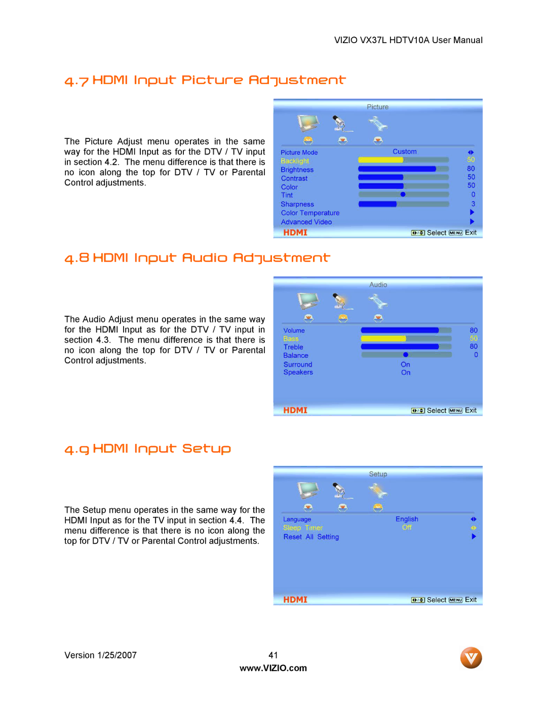 Vizio HDTV10A user manual Hdmi Input Picture Adjustment, Hdmi Input Audio Adjustment, Hdmi Input Setup 