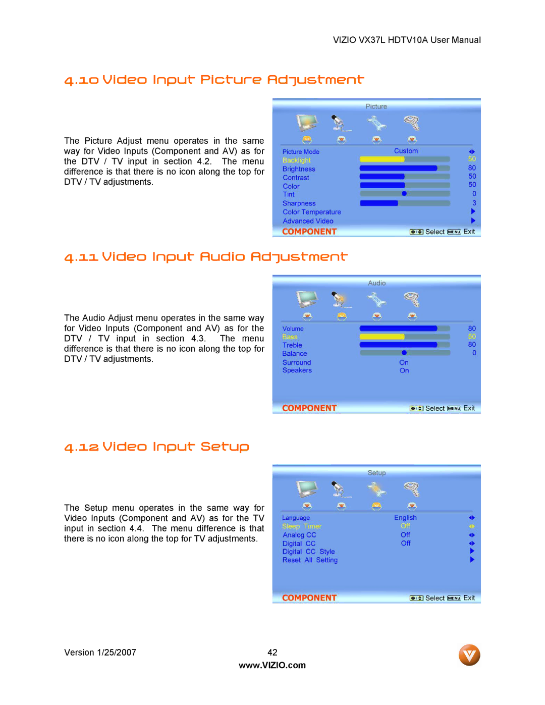 Vizio HDTV10A user manual Video Input Picture Adjustment, Video Input Audio Adjustment, Video Input Setup 