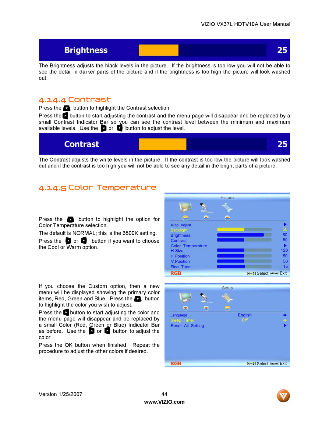 Vizio HDTV10A user manual Contrast 