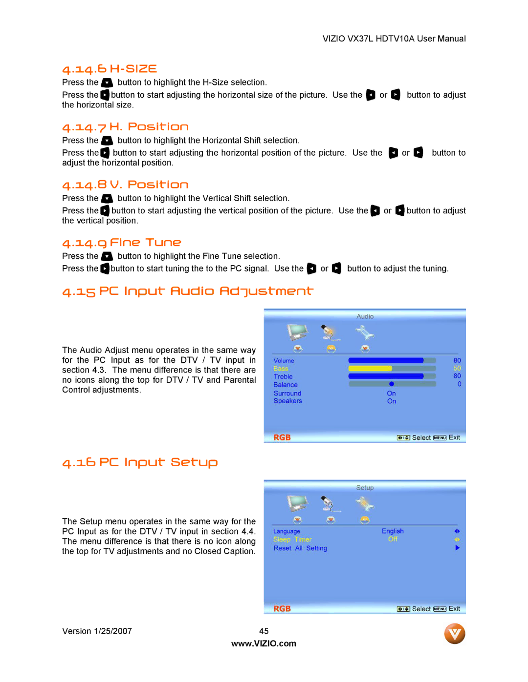 Vizio HDTV10A user manual PC Input Audio Adjustment, PC Input Setup 