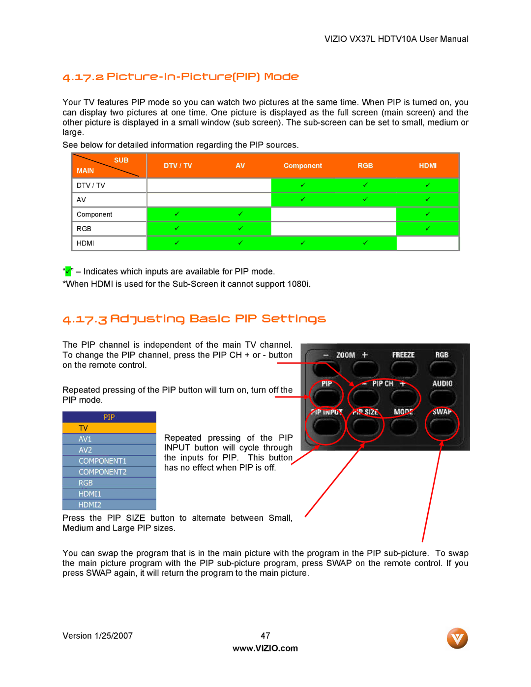 Vizio HDTV10A user manual Adjusting Basic PIP Settings, Picture-In-PicturePIP Mode 