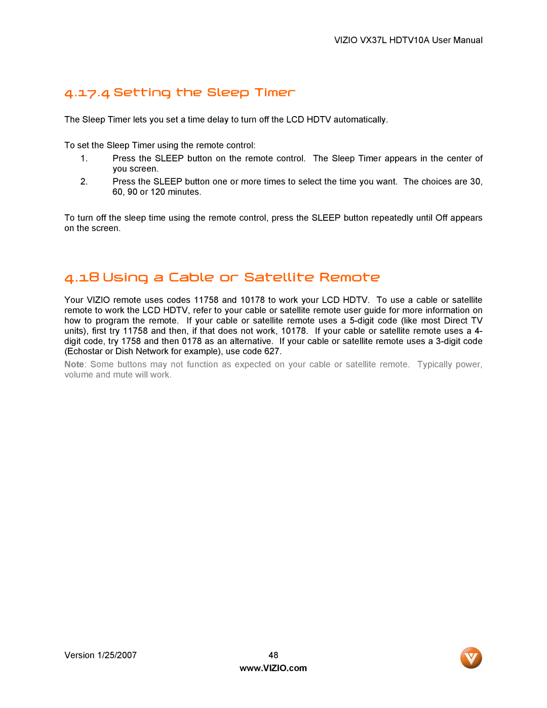 Vizio HDTV10A user manual Using a Cable or Satellite Remote, Setting the Sleep Timer 