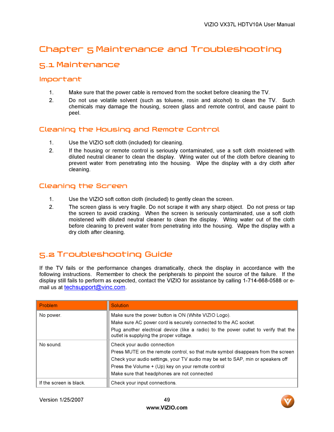 Vizio HDTV10A user manual Maintenance, Troubleshooting Guide, Cleaning the Housing and Remote Control, Cleaning the Screen 