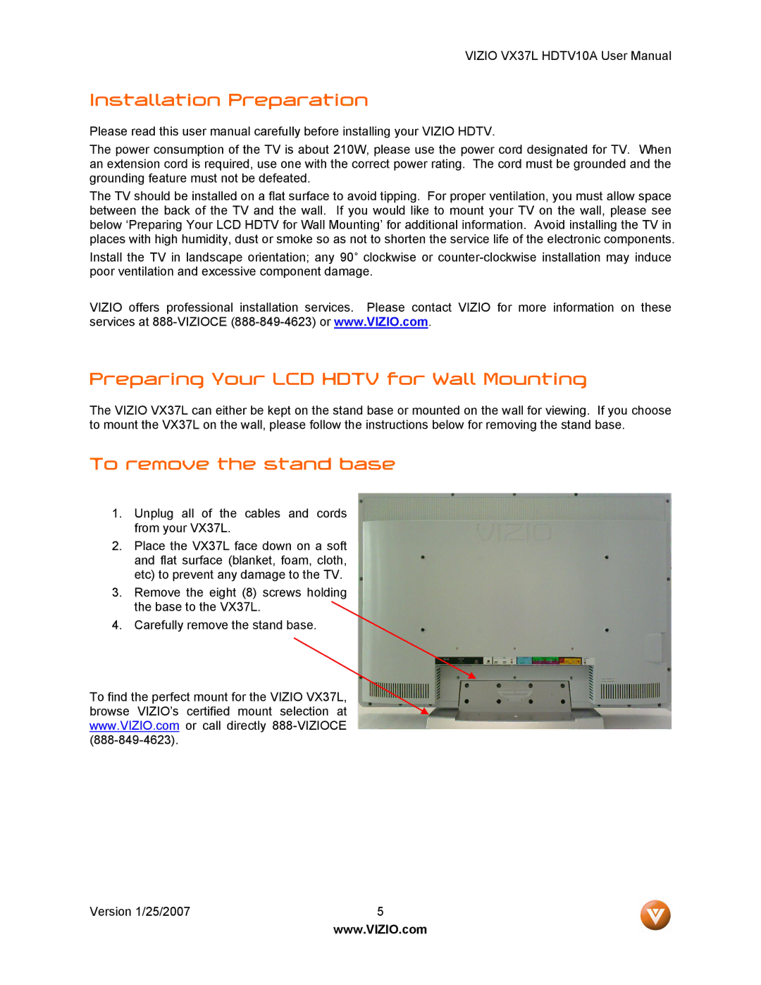 Vizio HDTV10A user manual Installation Preparation, Preparing Your LCD Hdtv for Wall Mounting, To remove the stand base 