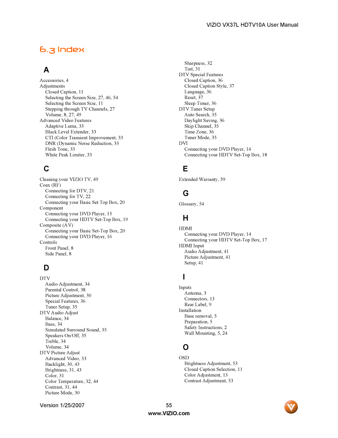 Vizio HDTV10A user manual Index, Dvi 