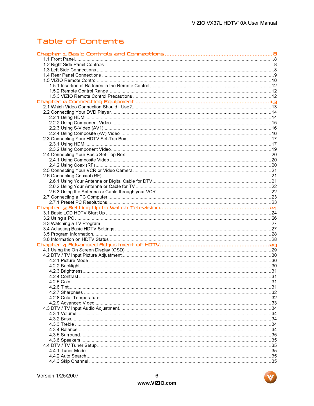 Vizio HDTV10A user manual Table of Contents 