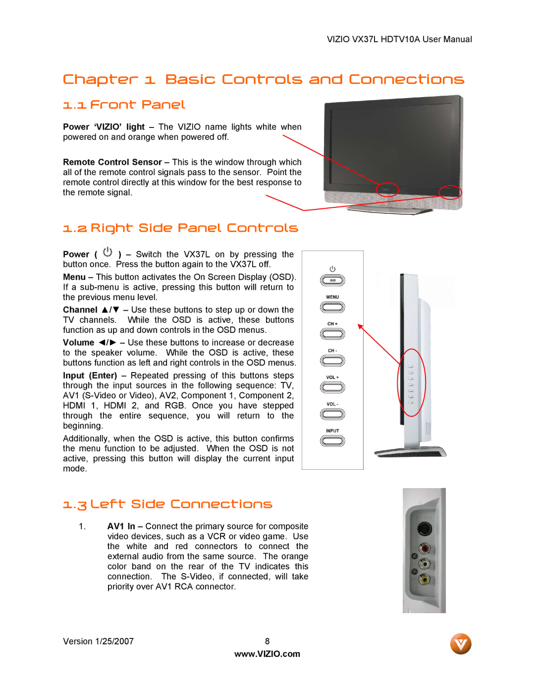 Vizio HDTV10A user manual Front Panel, Right Side Panel Controls, Left Side Connections 