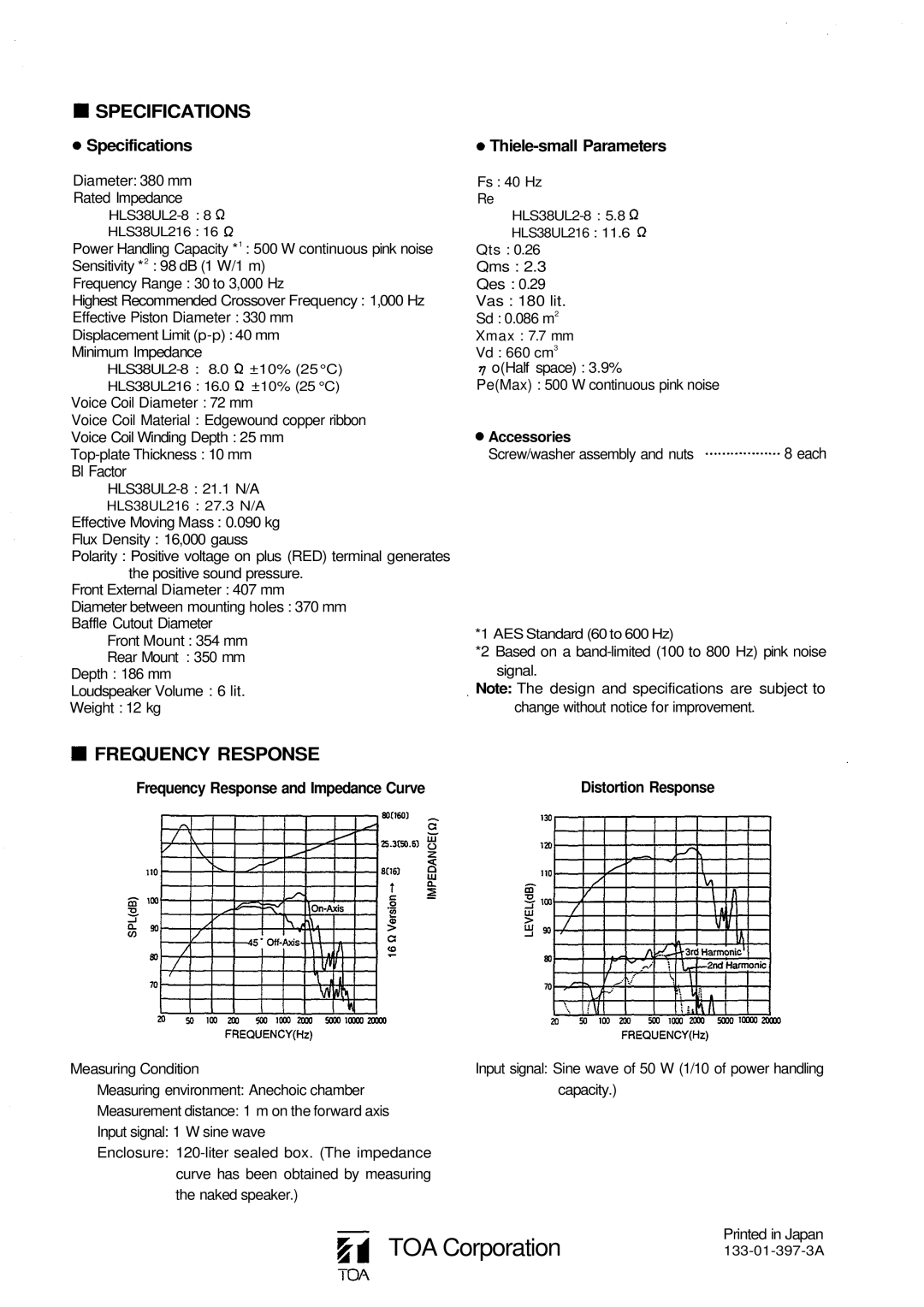 Vizio HLS38UL2-8 manual Specifications, Frequency Response 