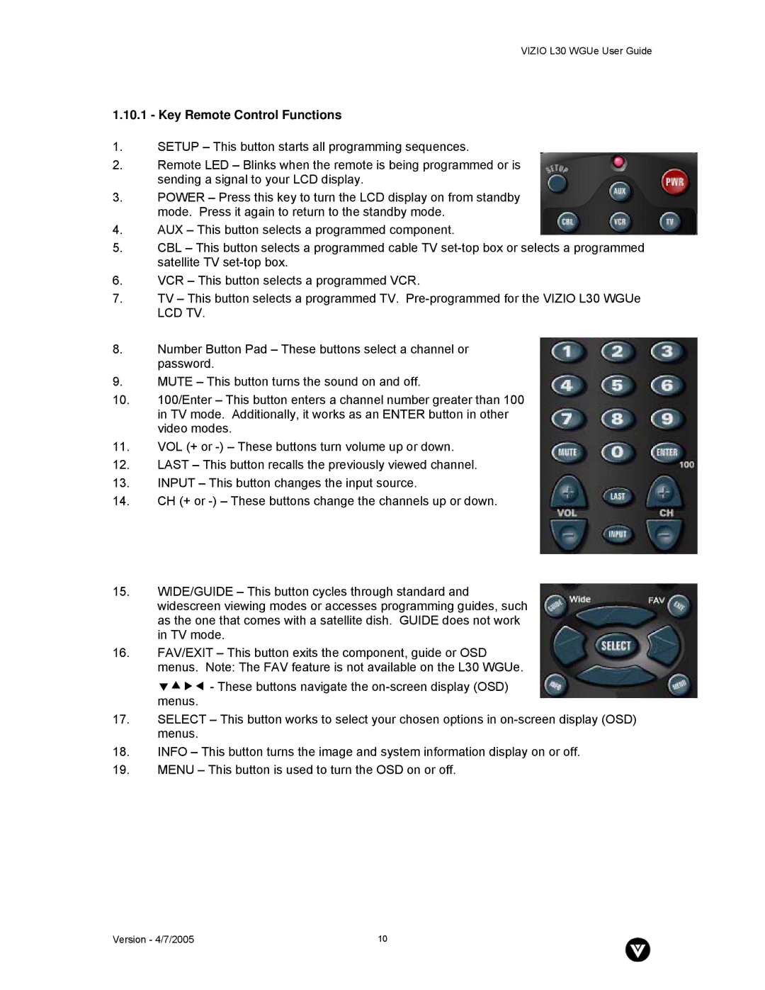 Vizio L30 WGUe manual Key Remote Control Functions, Lcd Tv 