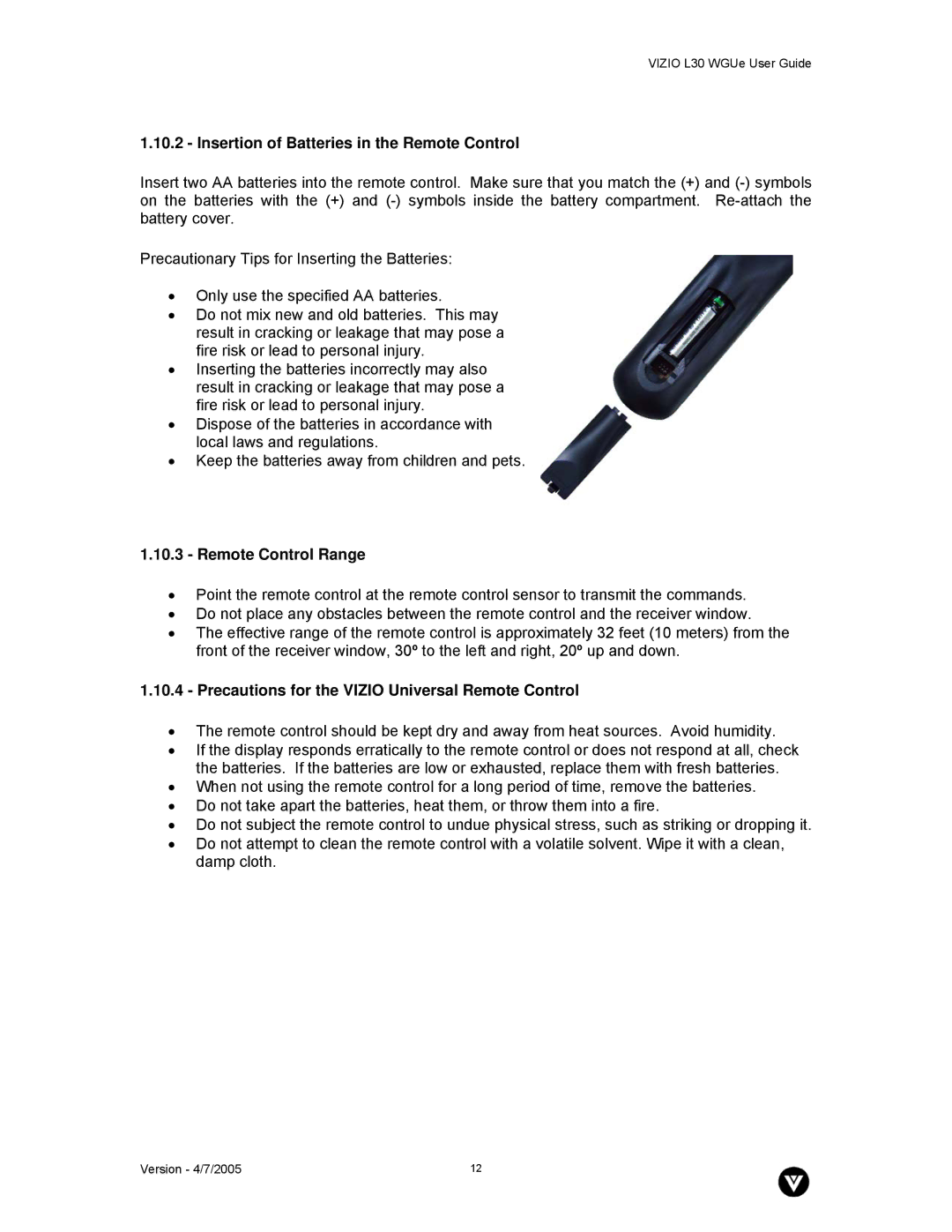 Vizio L30 WGUe manual Insertion of Batteries in the Remote Control, Remote Control Range 