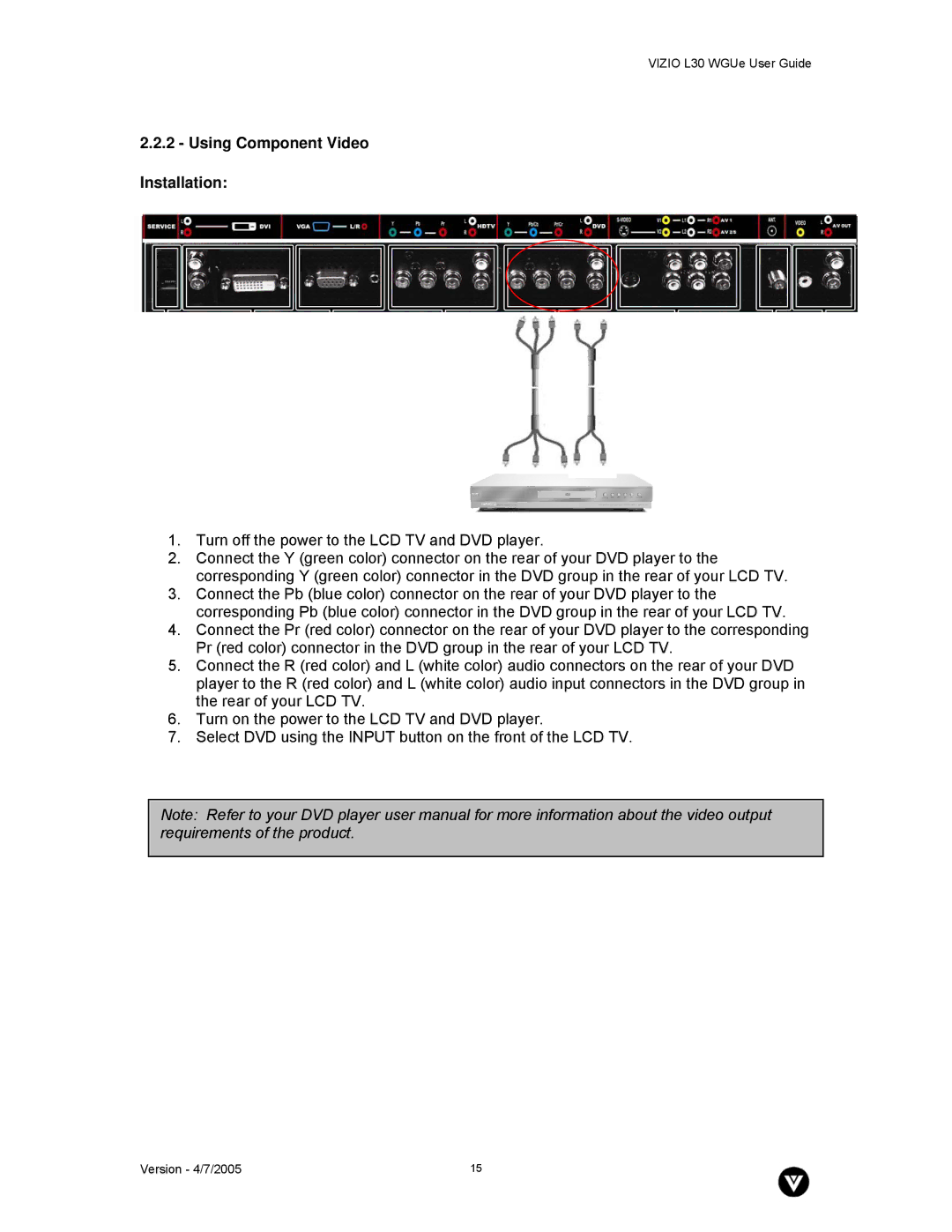 Vizio L30 WGUe manual Using Component Video Installation 