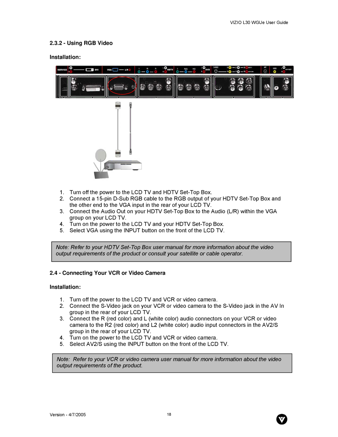 Vizio L30 WGUe manual Using RGB Video Installation, Connecting Your VCR or Video Camera Installation 