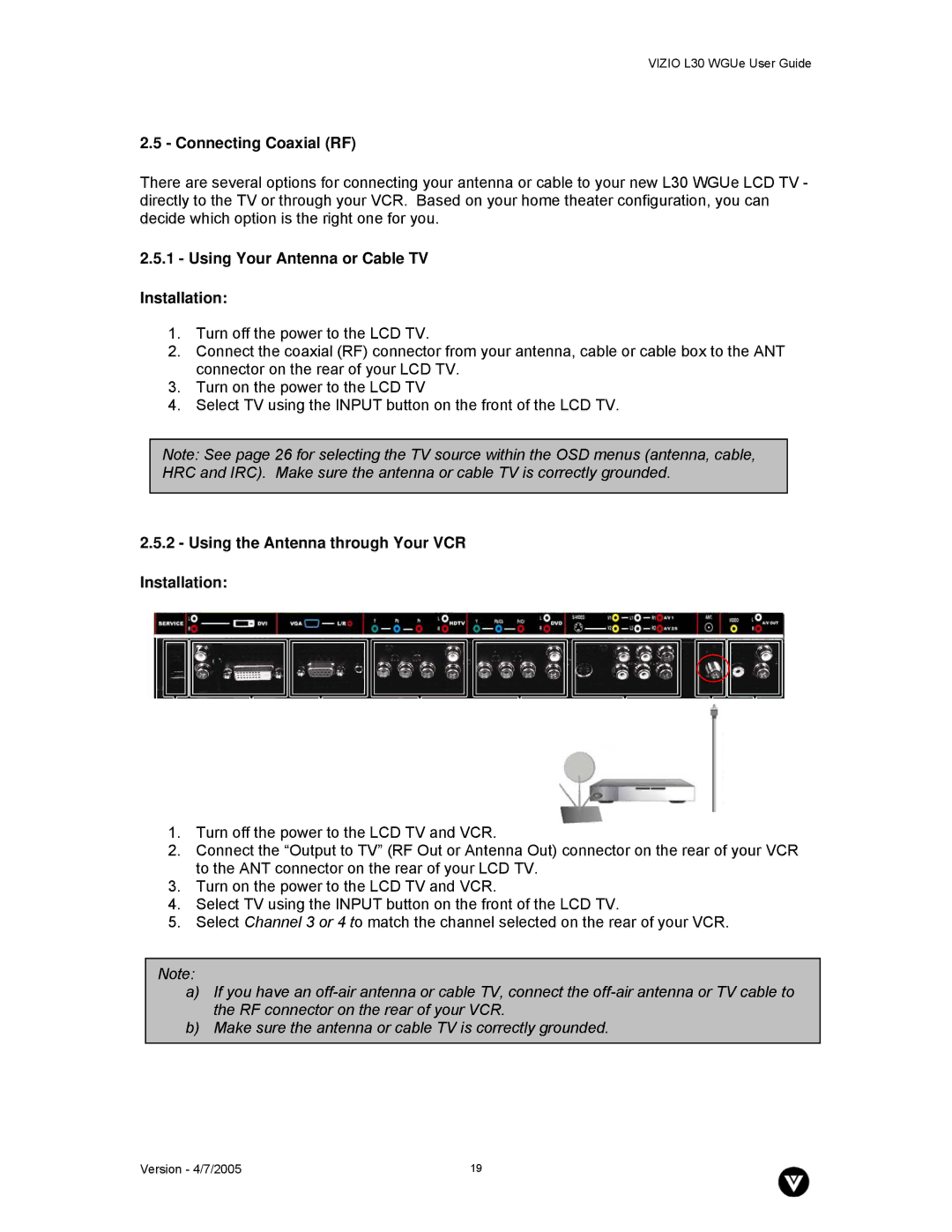 Vizio L30 WGUe manual Connecting Coaxial RF, Using Your Antenna or Cable TV Installation 