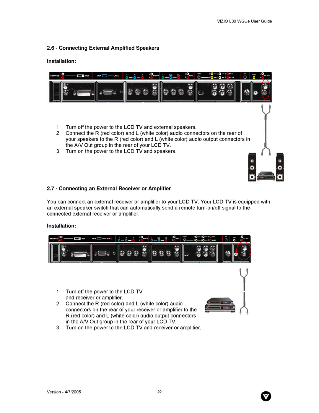 Vizio L30 WGUe manual Connecting External Amplified Speakers Installation, Connecting an External Receiver or Amplifier 