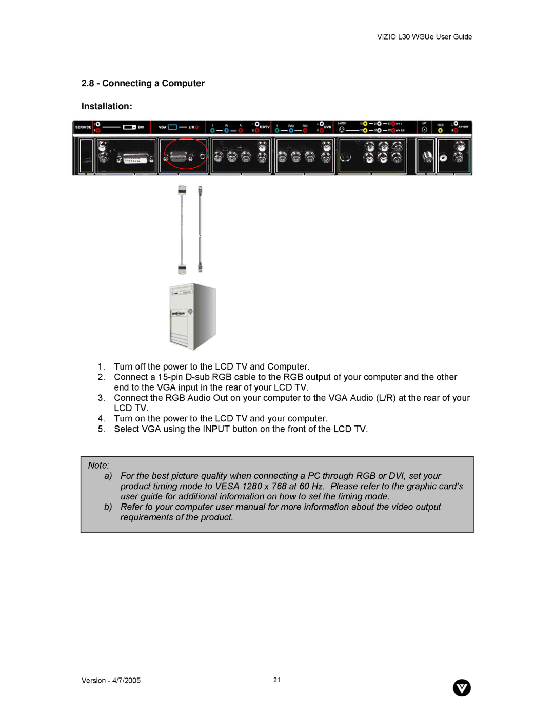 Vizio L30 WGUe manual Connecting a Computer Installation 