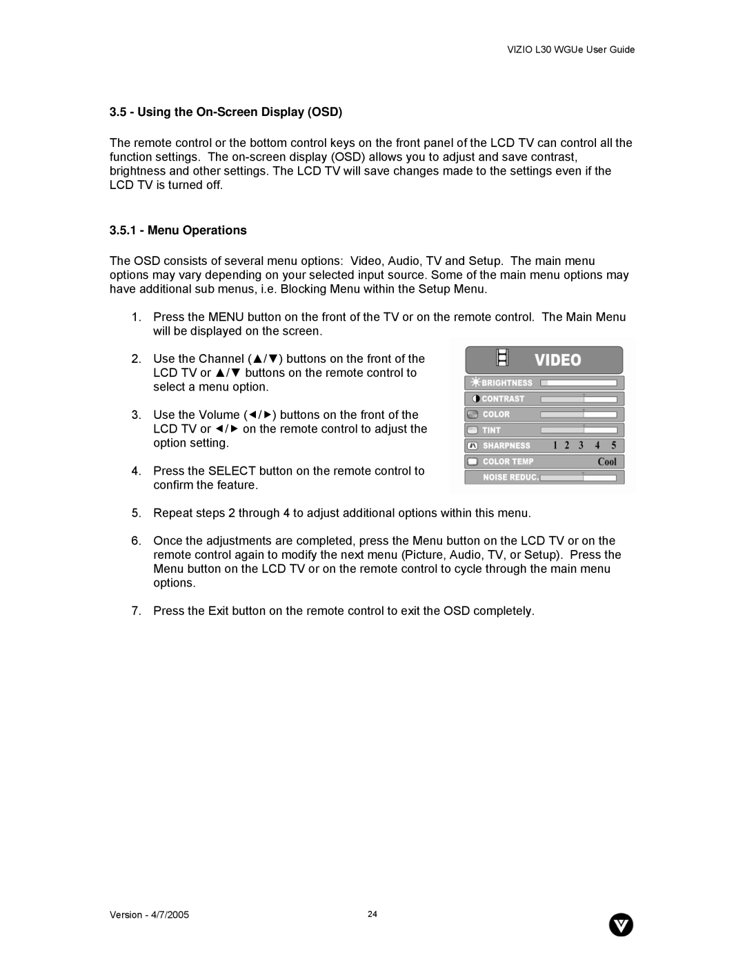 Vizio L30 WGUe manual Using the On-Screen Display OSD, Menu Operations 