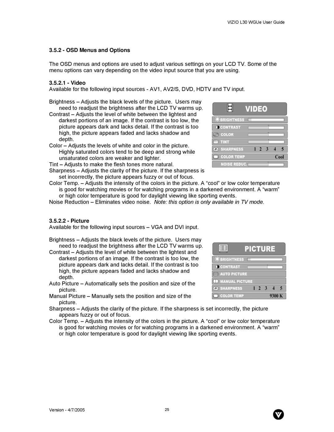 Vizio L30 WGUe manual OSD Menus and Options, Video, Picture 