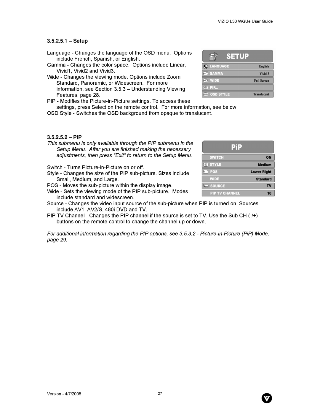 Vizio L30 WGUe manual Setup, PiP 