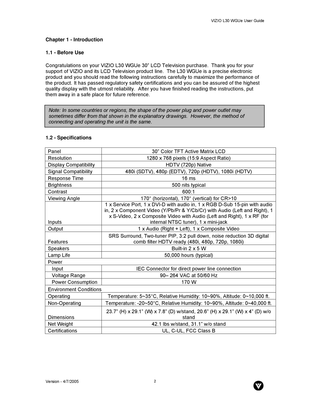 Vizio L30 WGUe manual Introduction Before Use, Specifications 