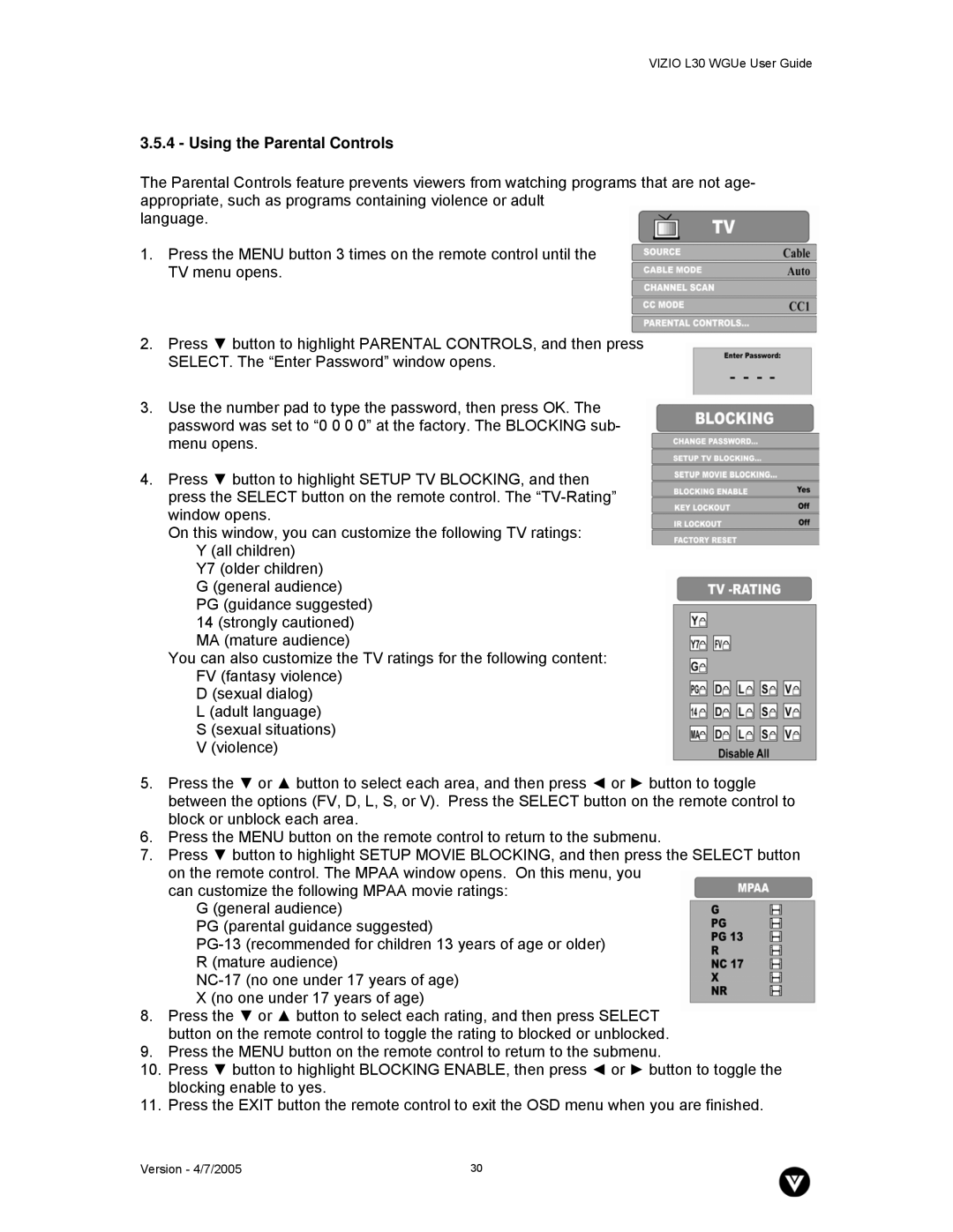 Vizio L30 WGUe manual Using the Parental Controls 