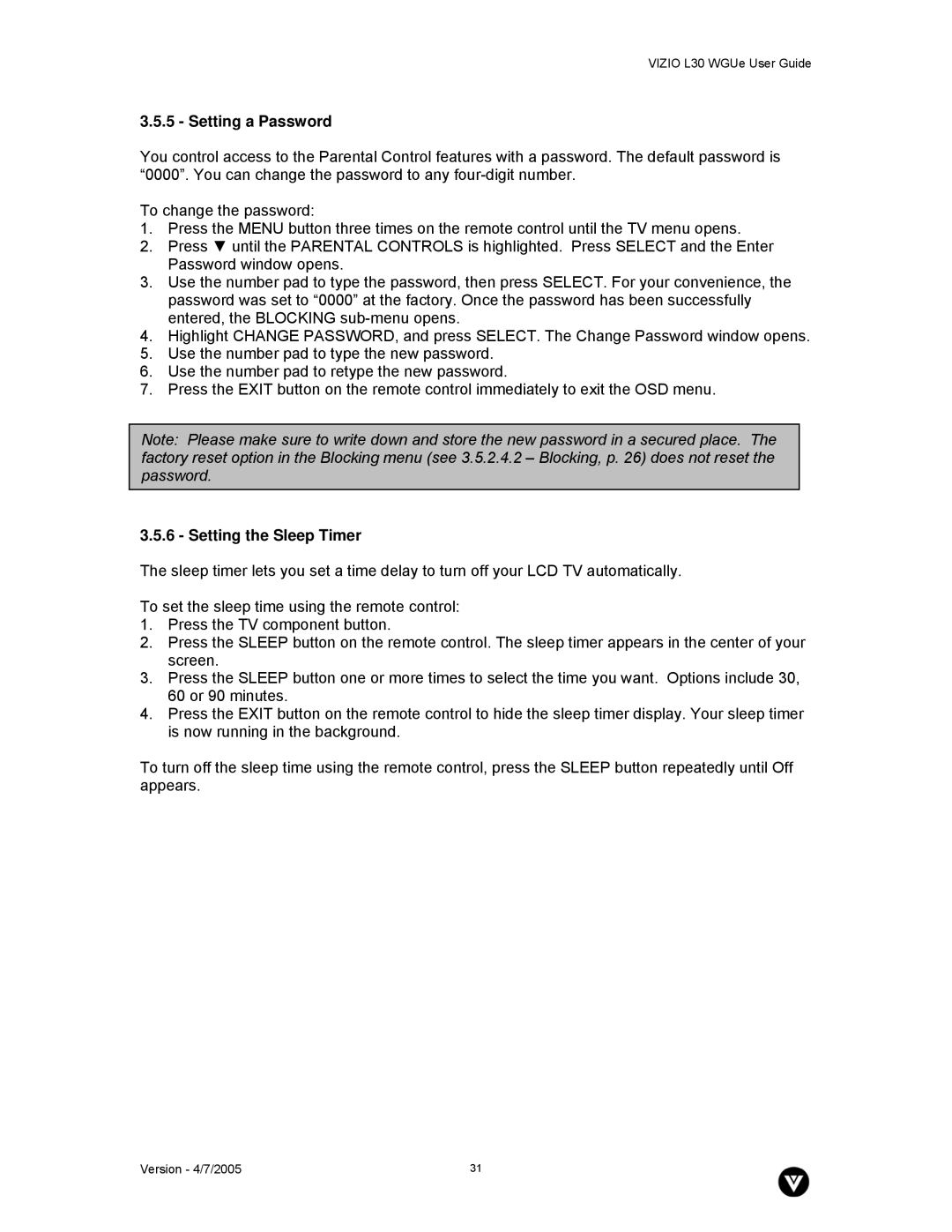 Vizio L30 WGUe manual Setting a Password, Setting the Sleep Timer 