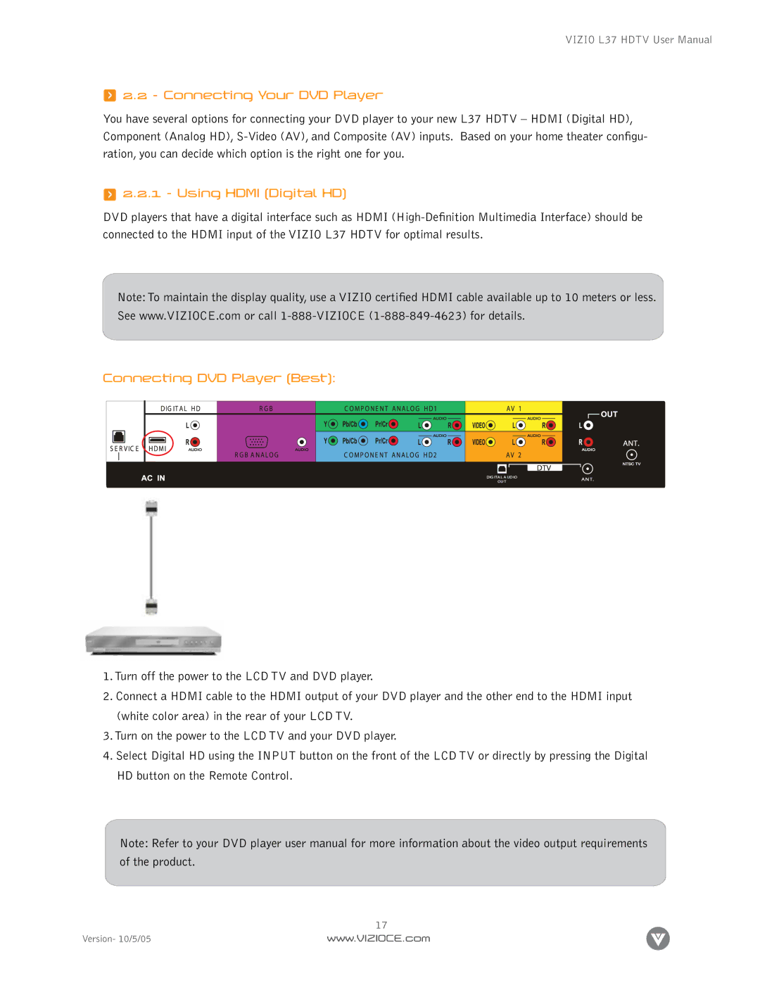 Vizio L37 manual Connecting Your DVD Player, Using Hdmi Digital HD, Connecting DVD Player Best 