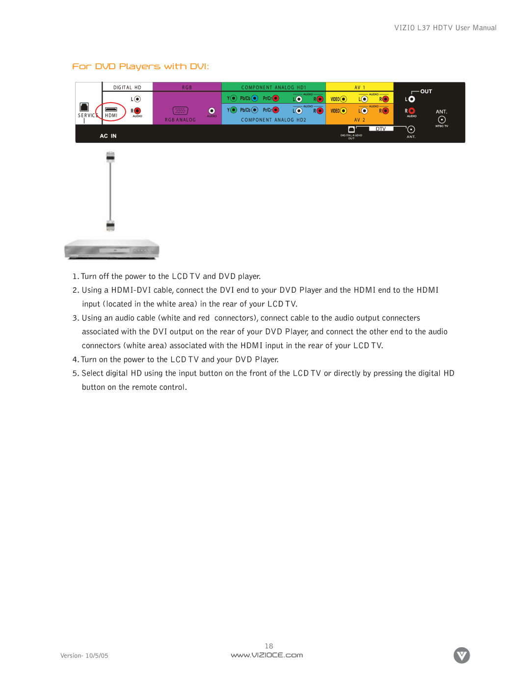 Vizio L37 manual For DVD Players with DVI 