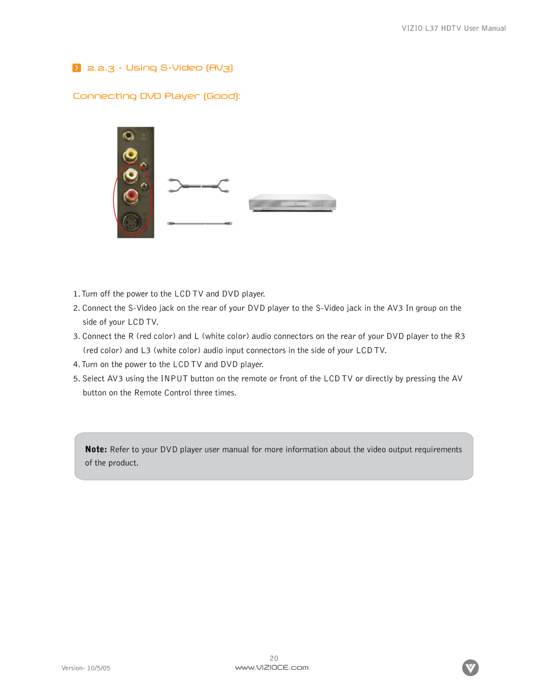 Vizio L37 manual Using S-Video AV3 Connecting DVD Player Good 