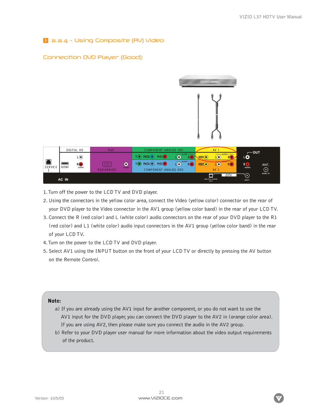 Vizio L37 manual Using Composite AV Video Connection DVD Player Good, Turn off the power to the LCD TV and DVD player 