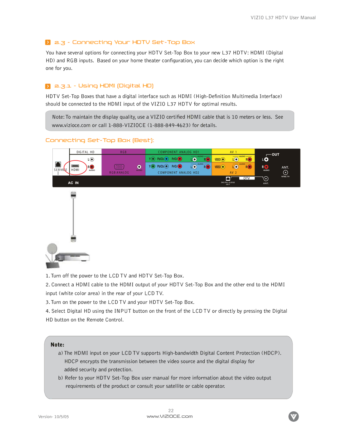 Vizio L37 manual Connecting Your Hdtv Set-Top Box, Connecting Set-Top Box Best 