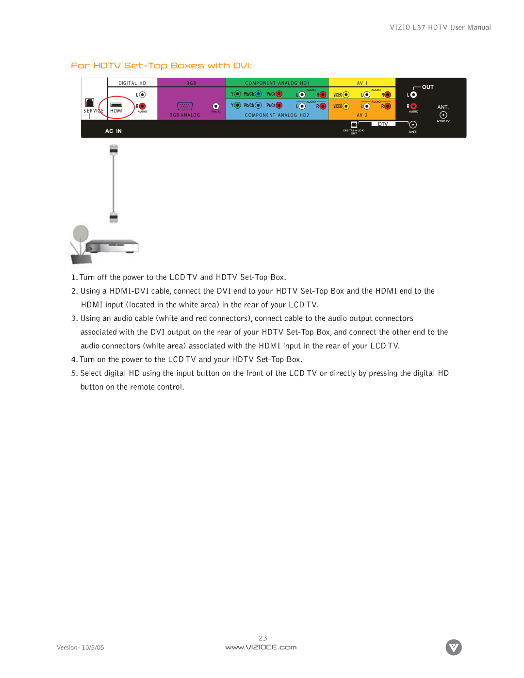 Vizio L37 manual For Hdtv Set-Top Boxes with DVI 