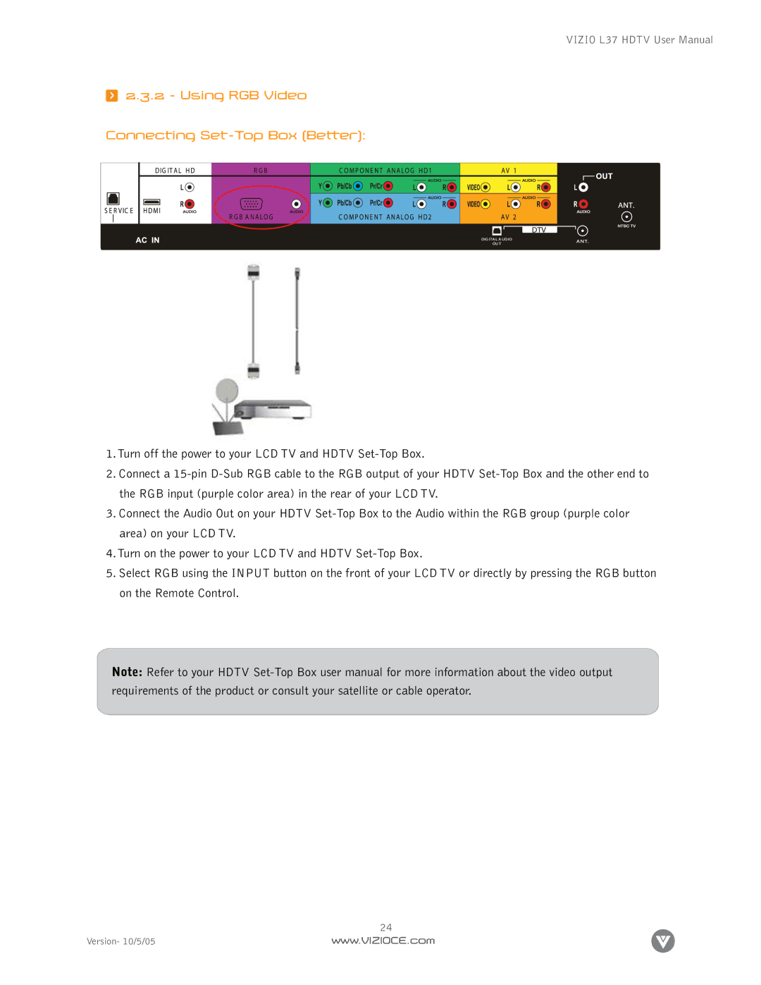 Vizio L37 manual Using RGB Video Connecting Set-Top Box Better 