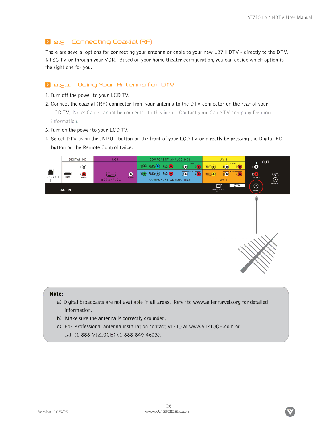 Vizio L37 manual Connecting Coaxial RF, Using Your Antenna for DTV 