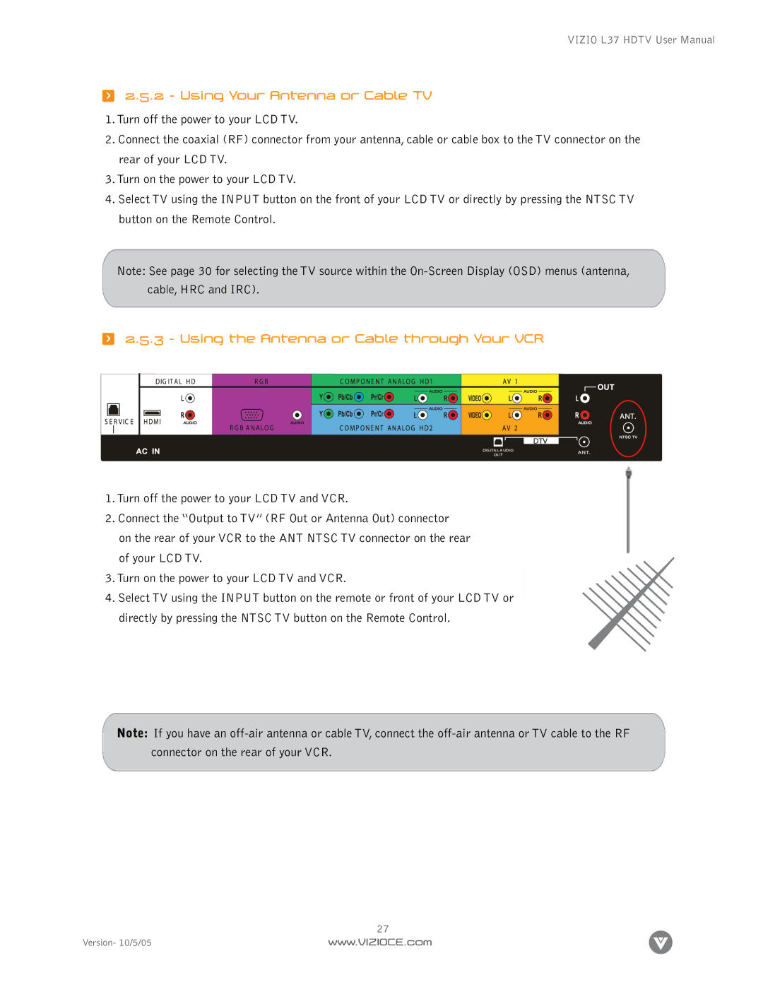 Vizio L37 manual Using Your Antenna or Cable TV, Using the Antenna or Cable through Your VCR 