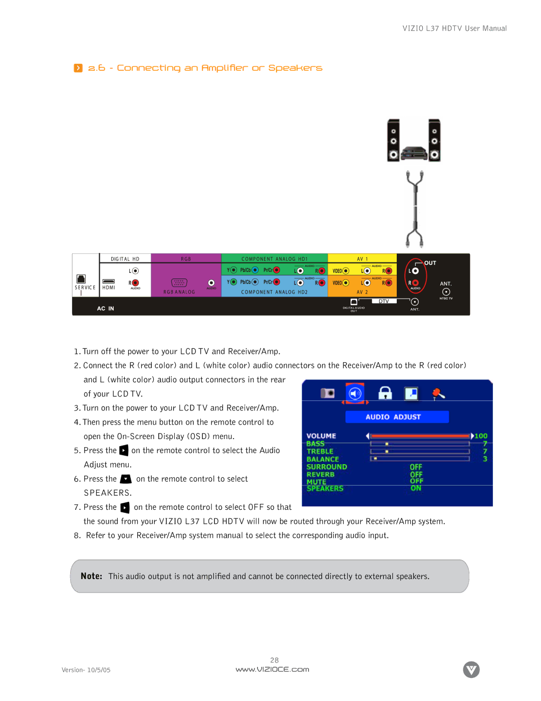 Vizio L37 manual Connecting an Amplifier or Speakers 