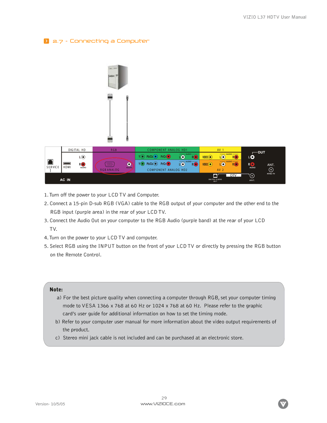 Vizio L37 manual Connecting a Computer 