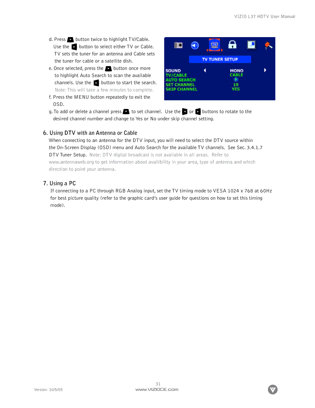 Vizio L37 manual Using DTV with an Antenna or Cable 