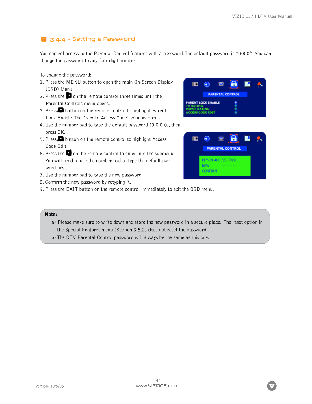 Vizio L37 manual Setting a Password 